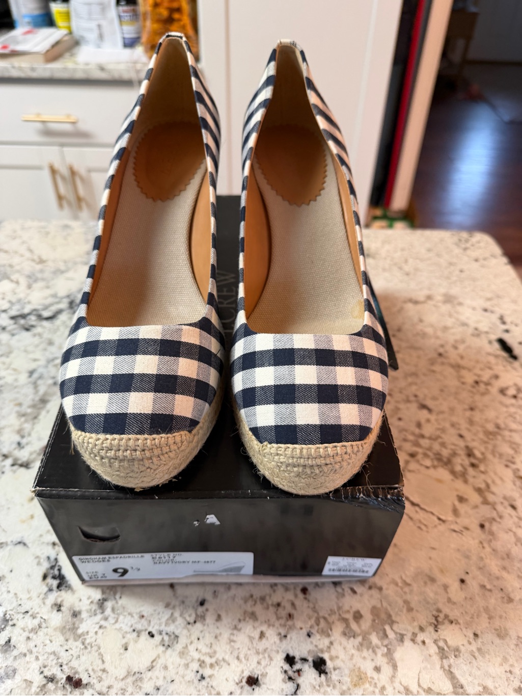 J. Crew Navy And White Gingham Espadrille Wedge Heels